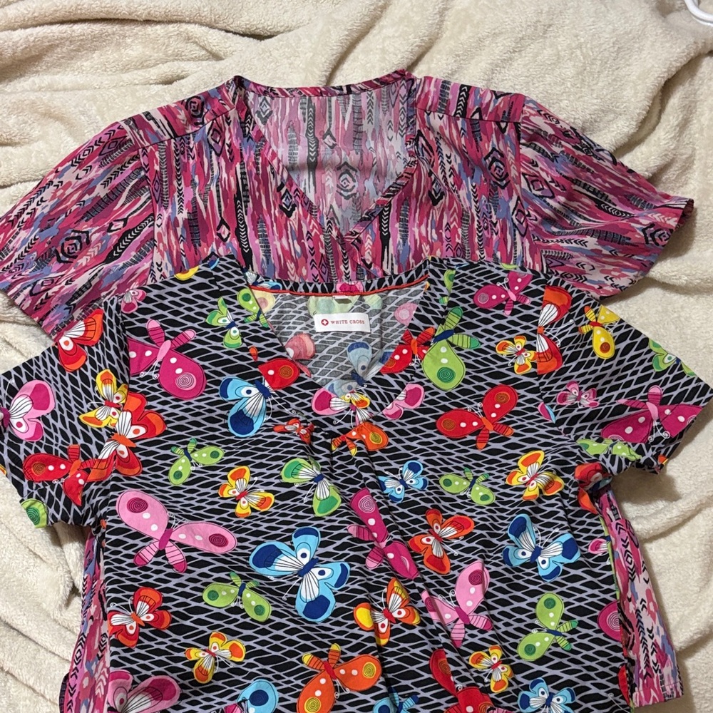Colorful Butterfly and Geometric Print Scrubs Tops